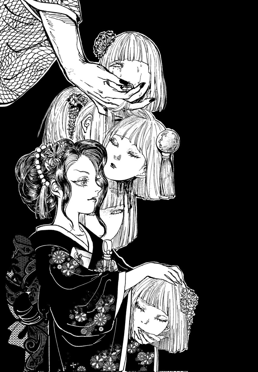 6+girls black_hair demon_girl disembodied_head f68_0 highres japanese_clothes kibutsuji_muzan kibutsuji_muzan_(female) kimetsu_no_yaiba kimono long_sleeves multiple_girls slit_pupils ubuyashiki_hinaki ubuyashiki_kanata ubuyashiki_kiriya ubuyashiki_kuina ubuyashiki_nichika