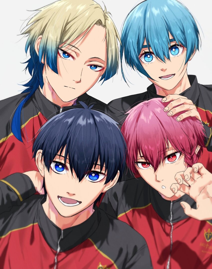 4boys bl_111252 blonde_hair blue_eyes blue_hair blue_lock braid closed_mouth eyeliner grey_background highres isagi_yoichi jacket kurona_ranze light_blue_hair long_hair looking_at_viewer makeup male_focus michael_kaiser multicolored_hair multiple_boys open_mouth red_eyeliner red_eyes red_hair simple_background sportswear track_jacket you_hiori zipper zipper_pull_tab