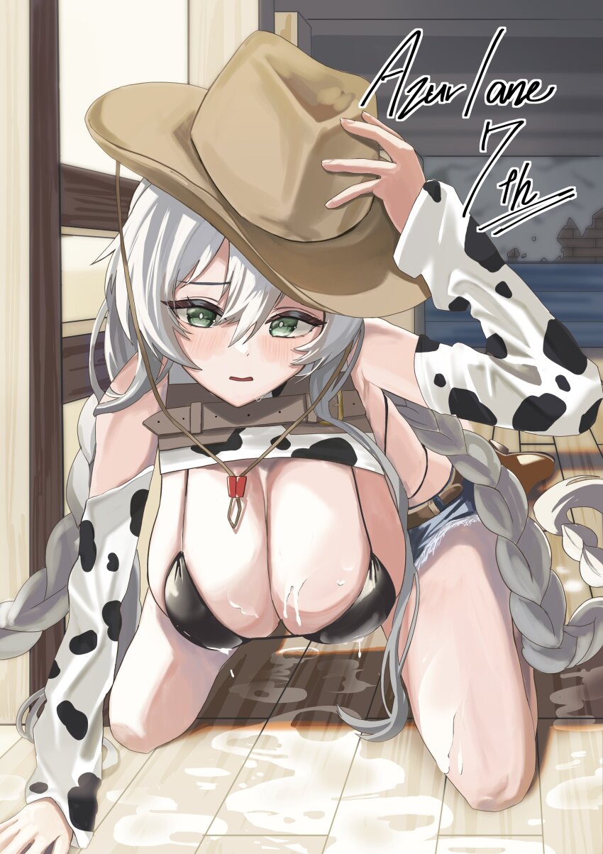 1girl absurdres adjusting_clothes adjusting_headwear animal_print azur_lane bikini bikini_top_only black_bikini blush braid breasts copyright_name cow_print cowboy_hat denim denim_shorts fargo_(azur_lane) fargo_(dairy_in_the_dreary_sun)_(azur_lane) food_on_body food_on_breasts green_eyes hair_between_eyes hat highres huge_breasts kissaten0202 long_hair low_twin_braids official_alternate_costume sagging_breasts shorts solo spill spilled_milk swimsuit twin_braids very_long_hair wavy_mouth white_hair