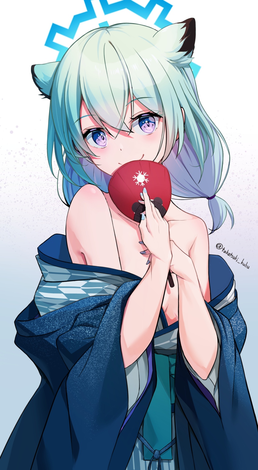 1girl absurdres animal_ears aqua_hair bath_yukata blue_archive blue_halo blue_haori blush closed_mouth commentary grey_kimono halo hand_fan haori highres holding holding_fan japanese_clothes kimono looking_at_viewer low_twintails off_shoulder official_alternate_costume official_alternate_hairstyle paper_fan purple_eyes shigure_(blue_archive) shigure_(hot_spring)_(blue_archive) shiroyu short_hair smile solo striped_clothes striped_kimono twintails uchiwa vertical-striped_clothes vertical-striped_kimono weasel_ears weasel_girl wide_sleeves yukata