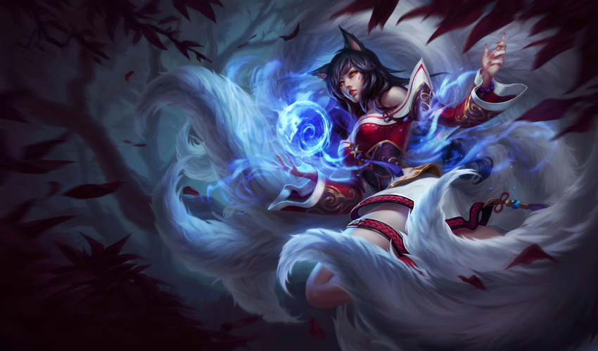 1girl absurdres ahri_(league_of_legends) animal_ears ball bare_shoulders black_hair breasts chengwei_pan cleavage detached_sleeves energy_ball facial_mark falling_leaves floating fox_ears fox_tail gold_trim highres holding holding_ball katie_de_sousa kitsune korean_clothes large_breasts leaf league_of_legends lipstick long_hair magic makeup multiple_tails nail_polish official_art orange_eyes red_nails revision slit_pupils solo tail whisker_markings yellow_eyes