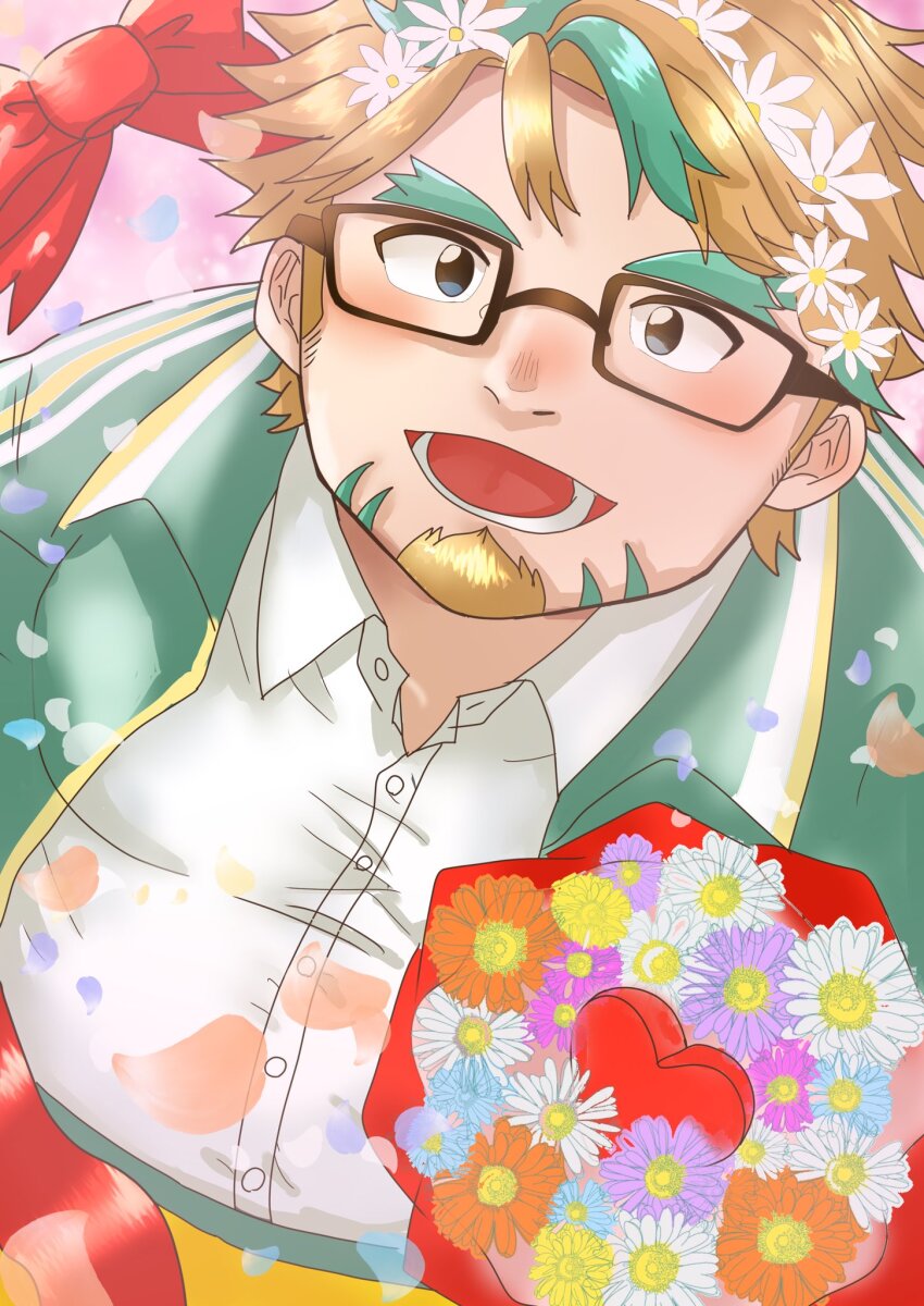 1boy :d bara bishie_sparkle blush bouquet facial_hair fat fat_man flower from_above glasses goatee green_hair hair_flower hair_ornament highres hippolytus_(housamo) holding holding_bouquet horokeikam_love light_brown_hair looking_at_viewer looking_up male_focus multicolored_hair open_mouth short_hair sideburns sideburns_stubble smile solo streaked_hair stubble thick_eyebrows tokyo_houkago_summoners two-tone_beard upper_body valentine