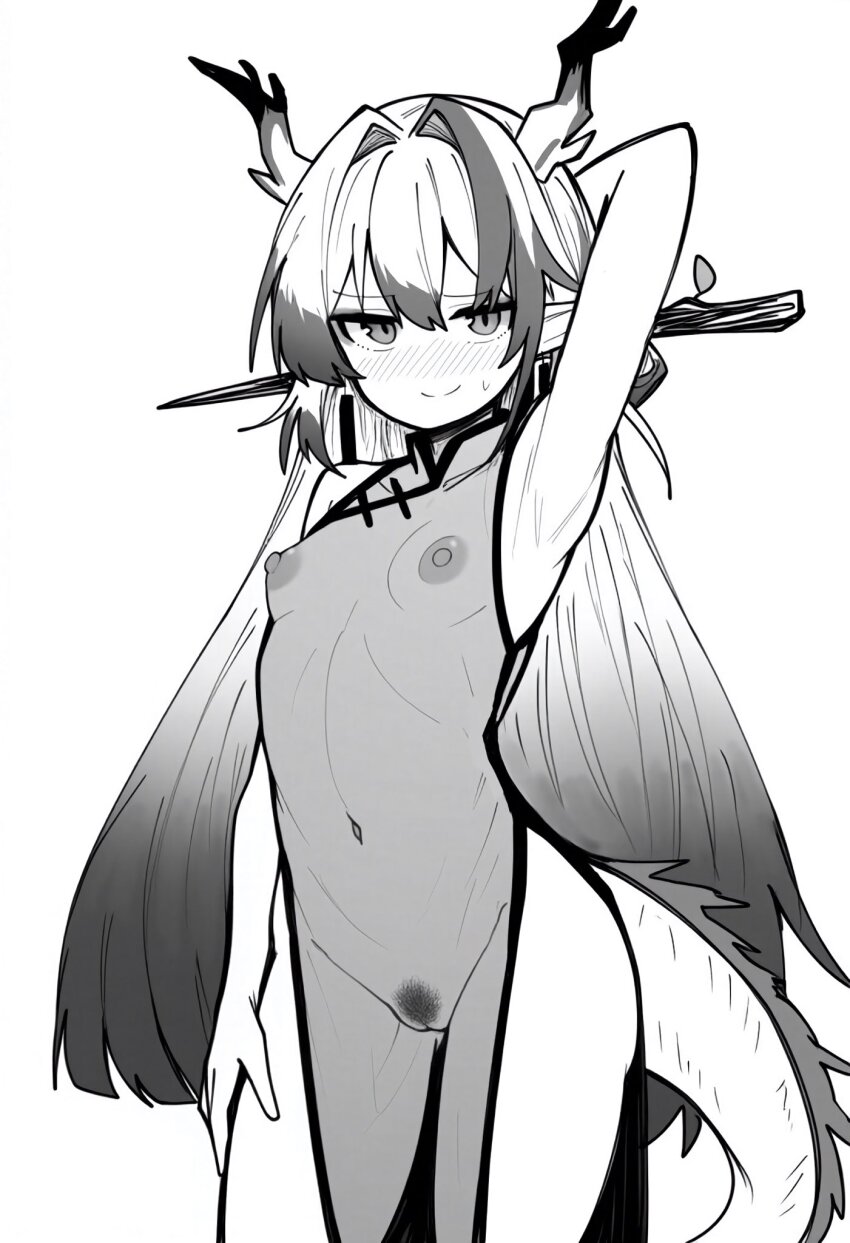 1girl alternate_costume arknights arm_behind_head arm_up armpits blush breasts china_dress chinese_clothes closed_mouth commentary_request dragon_girl dragon_horns dragon_tail dress female_pubic_hair greyscale groin hair_between_eyes hair_intakes hand_on_leg hand_on_own_thigh highres horns long_hair looking_at_viewer makigirisu monochrome nipples no_nose nose_blush presenting_armpit pubic_hair pussy see-through_clothes see-through_dress shu_(arknights) simple_background sleeveless sleeveless_dress small_breasts smile solo split_mouth sweatdrop tail white_background