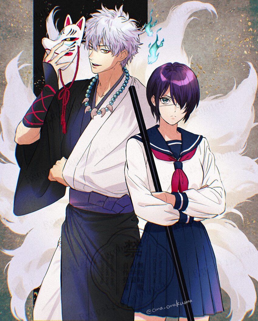 1boy 1girl bead_necklace beads blue_eyes blue_sailor_collar blue_skirt breasts cma_cmakuma cowboy_shot crossed_arms eyeliner eyepatch fox_mask frown genderswap genderswap_(mtf) gintama grey_hair hair_over_one_eye highres holding holding_mask japan jewelry kitsune kyuubi makeup mask medical_eyepatch medium_breasts multiple_tails neckerchief necklace open_mouth pleated_skirt purple_hair red_eyeliner red_neckerchief sailor_collar sakata_gintoki school_uniform shirt short_hair skirt smile tail takasugi_shinsuke tooth_necklace twitter_username white_shirt yellow_eyes