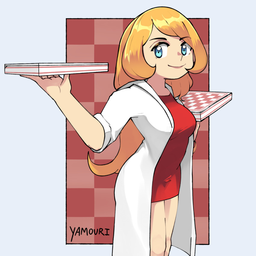 1girl blue_eyes breasts coat dress highres medium_breasts mona_(warioware) nintendo orange_hair pizza_box short_dress warioware yamouri