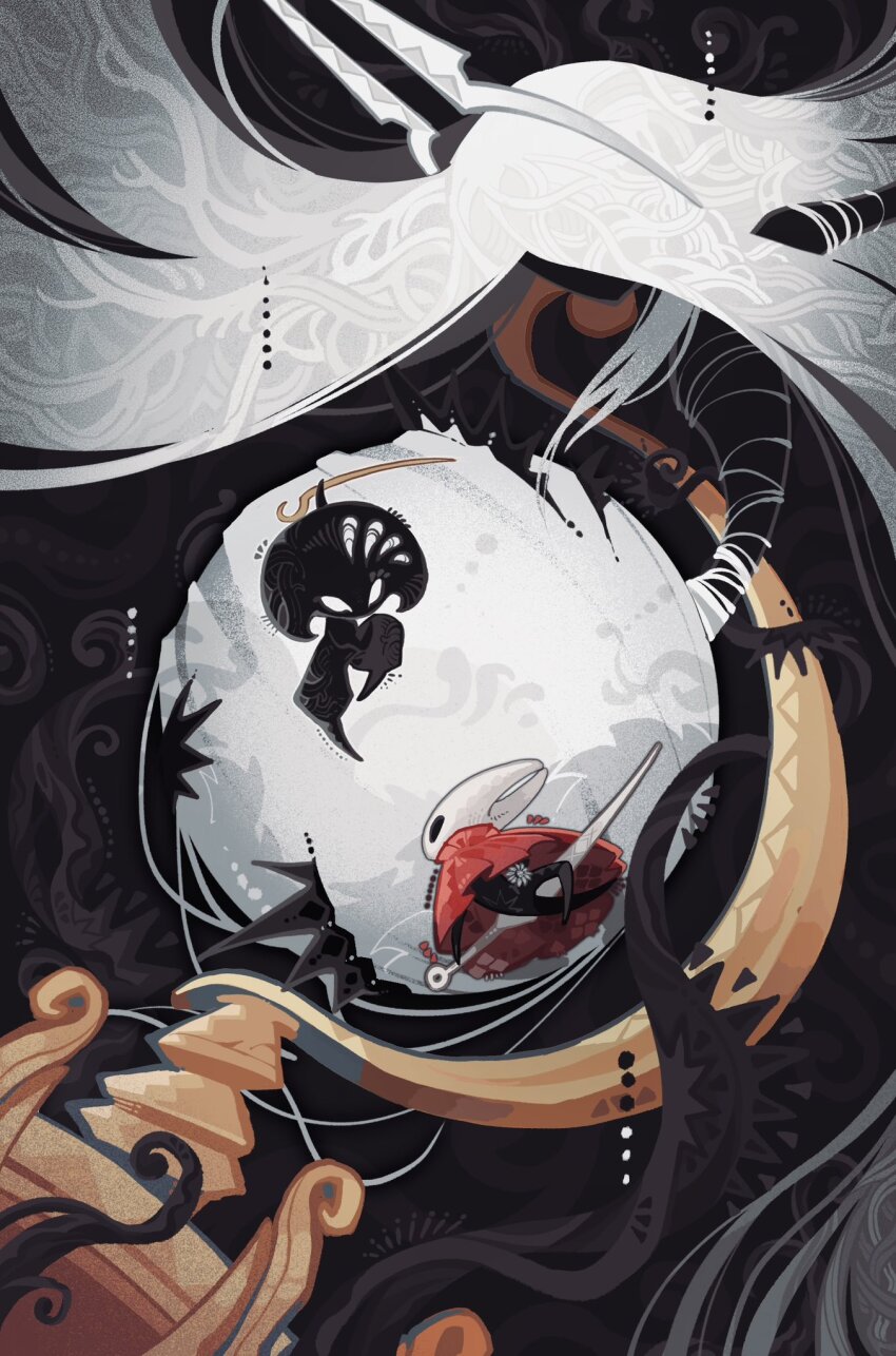3girls absurdly_long_hair arthropod_girl black_eyes black_skin boss_fight cloak colored_skin faceless flower full_body giant giantess grand_mother_silk_(hollow_knight) highres holding holding_needle holding_weapon hollow_eyes hollow_knight hollow_knight:_silksong horned_mask hornet_(hollow_knight) horns lace_(hollow_knight) long_hair looking_at_another mask multiple_girls needle needle_(hollow_knight) no_humans no_mouth pin_(hollow_knight) r0si3 red_cloak spoilers standing tentacles thread very_long_hair weapon white_flower white_hair white_mask