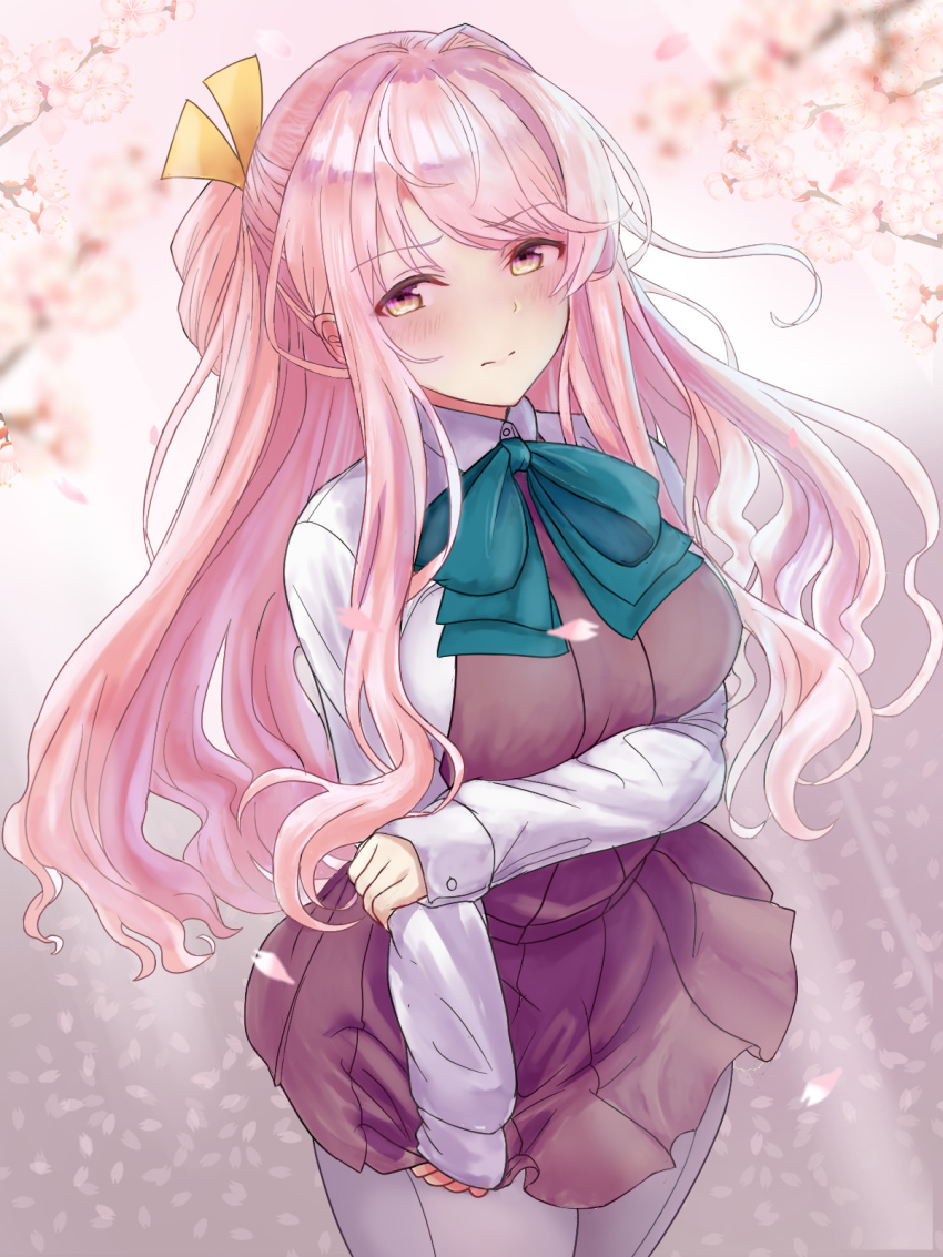 1girl aqua_bow aqua_bowtie blush bow bowtie breasts cherry_blossoms dress em_s embarrassed grey_pantyhose hair_ribbon highres kantai_collection large_breasts long_hair looking_at_viewer naganami_(kancolle) pantyhose petals pink_hair ribbon school_uniform solo wavy_hair yellow_eyes