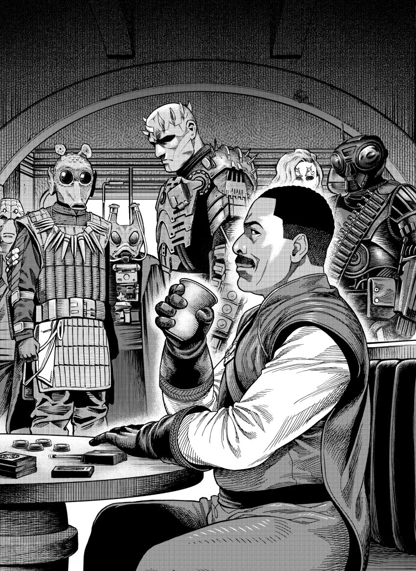 1girl 5boys absurdres alien ammunition_belt armor belt cable cape clenched_hands cup droid facial_hair fade_(haircut) frown gloves greef_karga greyscale hair_behind_ear highres holding holding_cup male_focus monochrome multiple_boys mustache official_art oosawa_yuusuke pants rodian shirt sitting smile solid_eyes standing star_wars table the_mandalorian v-shaped_eyebrows zabrak