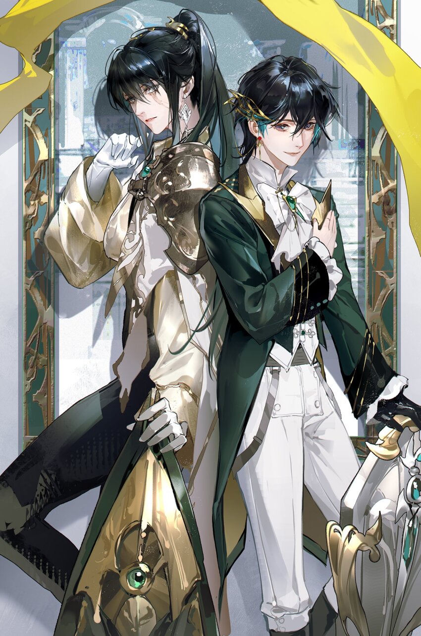 2girls black_hair black_pants cinnabar_(path_to_nowhere) contrapposto cowboy_shot gloves hand_on_own_chest high_ponytail highres light_smile long_hair looking_at_viewer multiple_girls pants path_to_nowhere ponytail rahu_(path_to_nowhere) scar scar_across_eye scar_on_face short_hair sleeptight standing white_gloves white_pants