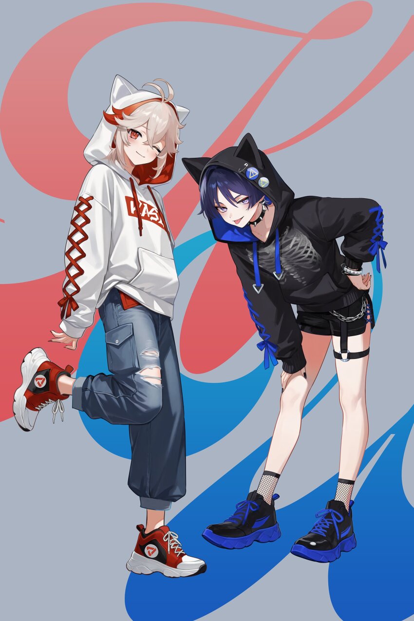 2boys absurdres alternate_costume animal_hood badge black_hoodie black_nails black_shoes black_shorts black_socks blue_pants blush chain choker clothes_writing commentary crossed_bangs fishnet_socks fishnets full_body genshin_impact hand_on_own_hip hand_on_own_knee highres hood hood_up hoodie kaedehara_kazuha leaning_forward long_sleeves male_focus multicolored_hair multiple_boys nail_polish o-ring o-ring_thigh_strap one_eye_closed pants purple_eyes purple_hair red_eyes red_hair red_shoes rrr_gns_(riuriu_1212) safety_pin scaramouche_(genshin_impact) shoes shorts simple_background sneakers socks spiked_choker spikes standing streaked_hair symbol-only_commentary thigh_strap tongue tongue_out torn torn_clothes torn_pants wanderer_(genshin_impact) white_hoodie