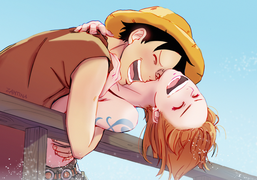 1boy 1girl bikini bikini_top_only black_hair closed_eyes couple happy hat highres hug laughing monkey_d._luffy nami_(one_piece) nami_(one_piece)_(skypiea) no_sleeves one_piece open_mouth orange_hair pants scar shirt short_hair smile straw_hat swimsuit tattoo zantinaa