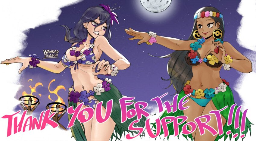2girls @_@ alternate_breast_size alternate_costume bikini black_hair bracelet breasts cleavage coconut_bra cowboy_shot dancer dancer_(pokemon) dancing dark-skinned_female dark_skin earrings eyeshadow fire floral_print_bikini flower flower_bracelet flower_necklace frown full_moon gift_art grass_skirt hair_between_eyes hair_flower hair_ornament half-closed_eyes hands_up head_wreath hex_maniac_(pokemon_legends:_z-a) hula jewelry large_breasts leaf_skirt lei long_hair looking_at_another looking_to_the_side makeup moon multiple_girls navel necklace night night_sky nintendo parted_lips poke_ball_earrings poke_ball_symbol pokemon pokemon_legends:_z-a pokemon_sm purple_bikini purple_eyes purple_eyeshadow purple_flower red_lips showgirl_skirt sky smile star_(sky) swimsuit thank_you torch underboob wanderjegson