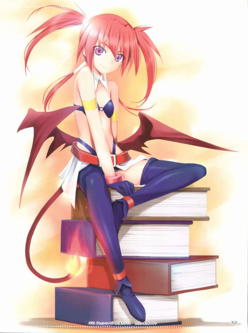 00s 1girl agito_(nanoha) blue_bra blue_legwear book book_stack bra burning demon_girl demon_tail demon_wings female_focus highres long_hair looking_at_viewer lyrical_nanoha mahou_shoujo_lyrical_nanoha_strikers mikazuki_akira! mini_person minigirl purple_eyes red_hair solo tail twintails underwear wings
