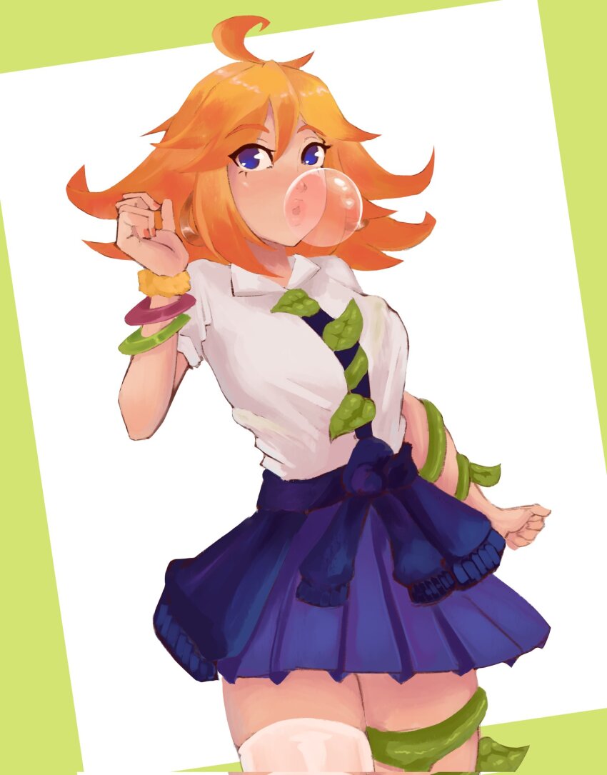 1girl alternate_costume blonde_hair blue_eyes breasts chewing_gum clothes_around_waist countgalatea cowboy_shot highres jacket jacket_around_waist kid_icarus kid_icarus_uprising medium_breasts nintendo phosphora school_uniform short_sleeves skirt sweater sweater_around_waist thighhighs