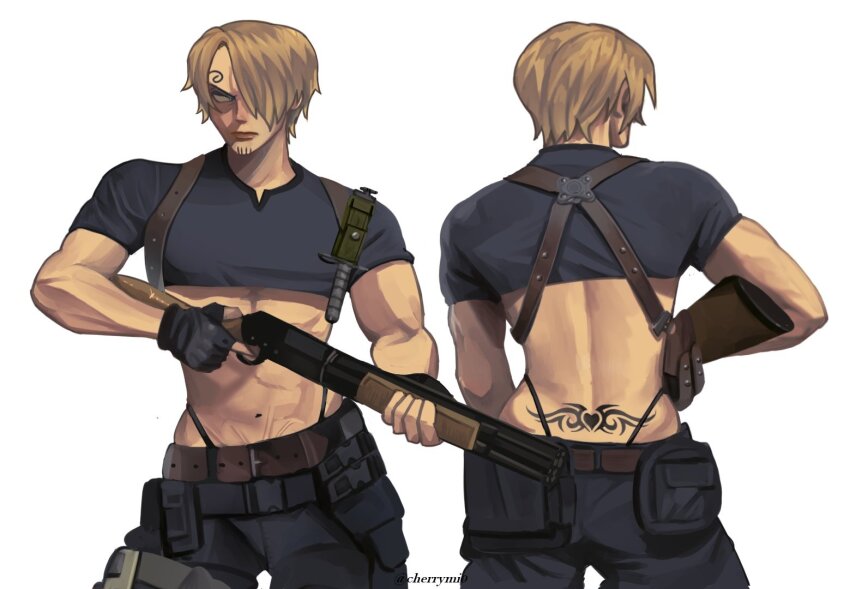 1boy blonde_hair cherrymi0 cosplay cropped_shirt curly_eyebrows facial_hair gay gay_male_pride_flag gun hair_over_one_eye holding holding_gun holding_weapon knife leon_s._kennedy leon_s._kennedy_(cosplay) male_focus mustache_stubble one-piece_thong one_piece resident_evil resident_evil_4 sanji_(one_piece) solo stubble tattoo toned toned_male weapon