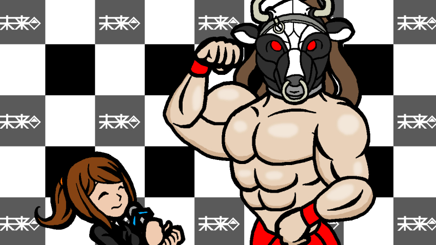 1boy 1girl asahina_aoi biceps clenched_hands closed_eyes cow_mask danganronpa_(series) danganronpa_3_(anime) face_piercing flexing great_gozu hir_(crimson-396) interview mask microphone minna_no_rhythm_tengoku muscular nose_piercing nose_ring parody piercing ponytail rhythm_tengoku smile step_and_repeat style_parody topless_male wrestler wrestling_mask wristband