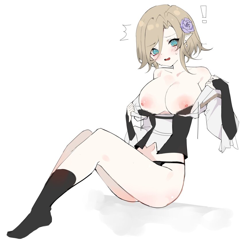 ! 1girl @_@ absurdres aqua_eyes black_bra black_panties black_socks blonde_hair blush bra breasts earrings full_body highres indie_virtual_youtuber jewelry kiseki_miya large_breasts medium_hair mewraii mole mole_under_eye navel nipples notice_lines open_mouth panties pointy_ears socks solo sweat underwear undressing virtual_youtuber
