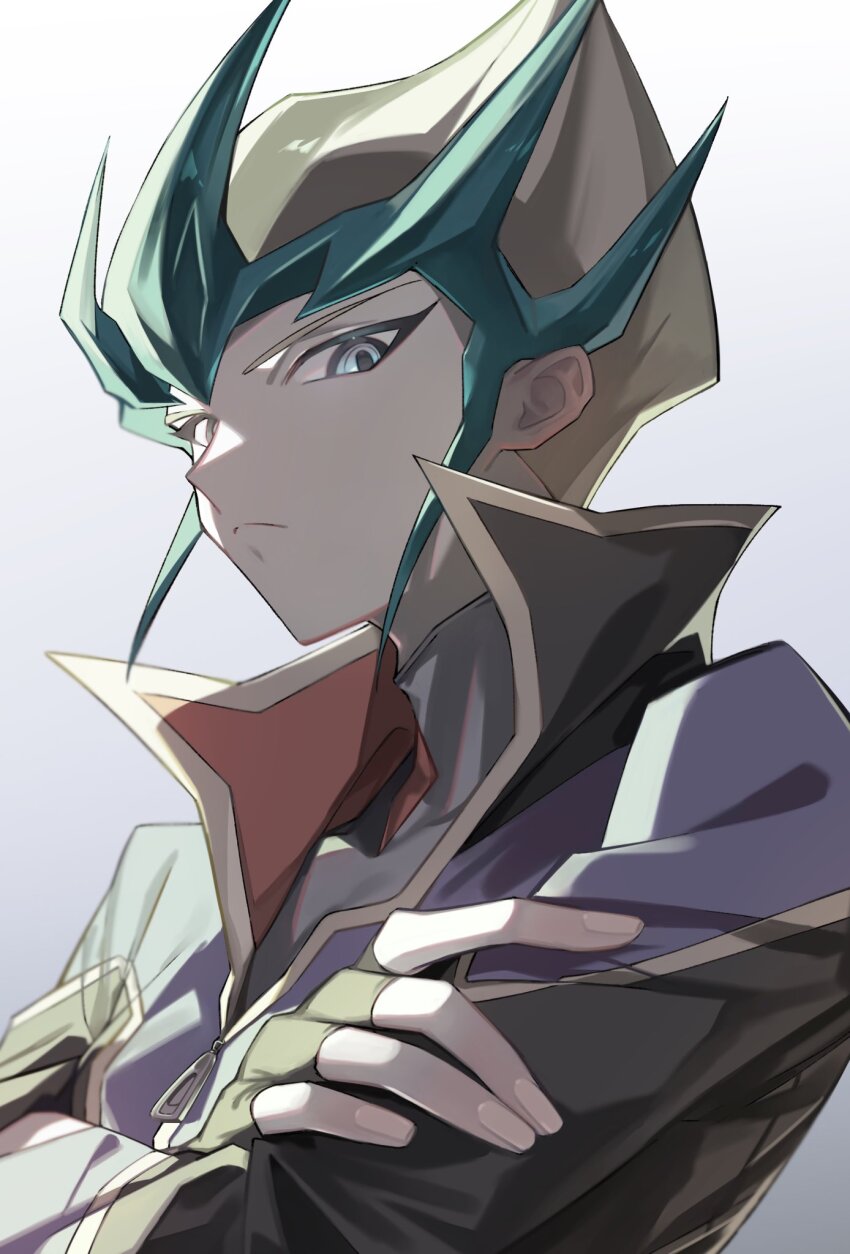 1boy black_jacket black_shirt blonde_hair blue_eyes closed_mouth crossed_arms green_hair highres jacket looking_at_viewer male_focus multicolored_hair rrr_az00 shirt solo spiked_hair tenjou_kaito turtleneck turtleneck_shirt two-tone_hair upper_body yu-gi-oh! yu-gi-oh!_zexal zipper_pull_tab