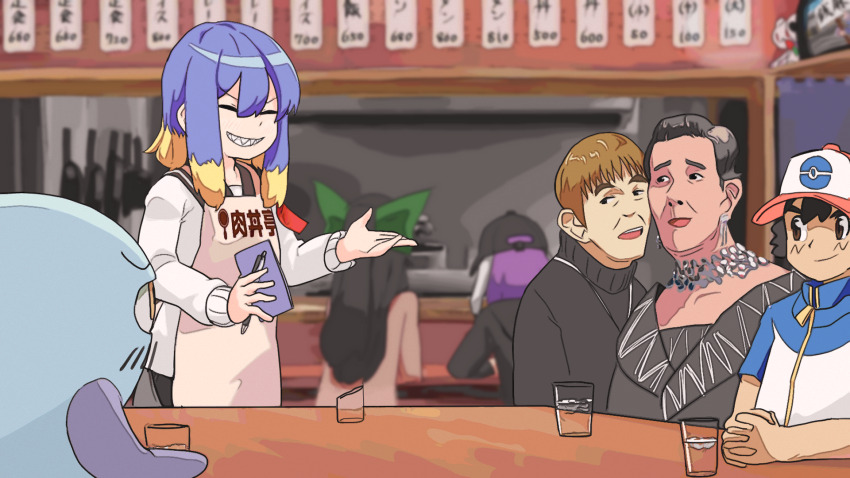 1other 3boys 3girls apron ash_ketchum baseball_cap black_hair black_sweater blonde_hair blurry blurry_background bow brown_hair closed_eyes closed_mouth commentary_request cookie_(touhou) creatures_(company) cup dongyo_(cookie) game_freak green_bow grin hat highres indoors leftame looking_at_another multiple_boys multiple_girls nintendo open_mouth payan_(cookie) pink_apron pokemon pokemon_(anime) pokemon_bw_(anime) purple_hair reisen_udongein_inaba reiuji_utsuho remmuh_(cookie) satetsu_(cookie) sharp_teeth shiriri_(cookie) shirt short_hair smile sweater takepaipen_(cookie) teeth teionka_(cookie) television touhou upper_body water white_shirt zipper