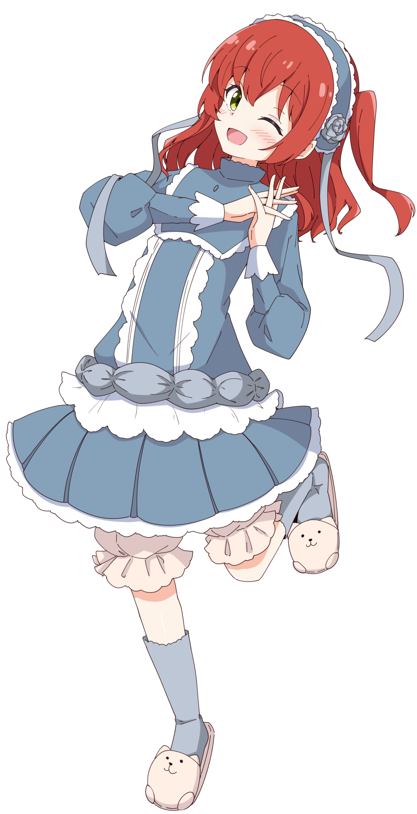 1girl ;d absurdres aikawa_ryou animal_slippers bear_slippers bloomers blush bocchi_the_rock! brown_slippers cardcaptor_sakura commentary_request commission cosplay dress flower full_body green_eyes grey_dress grey_flower grey_hairband grey_rose grey_socks hairband highres interlocked_fingers kita_ikuyo long_hair long_sleeves looking_at_viewer one_eye_closed one_side_up open_mouth own_hands_together pixiv_commission pleated_dress puffy_long_sleeves puffy_sleeves red_hair rose simple_background slippers smile socks solo standing standing_on_one_leg underwear white_background white_bloomers