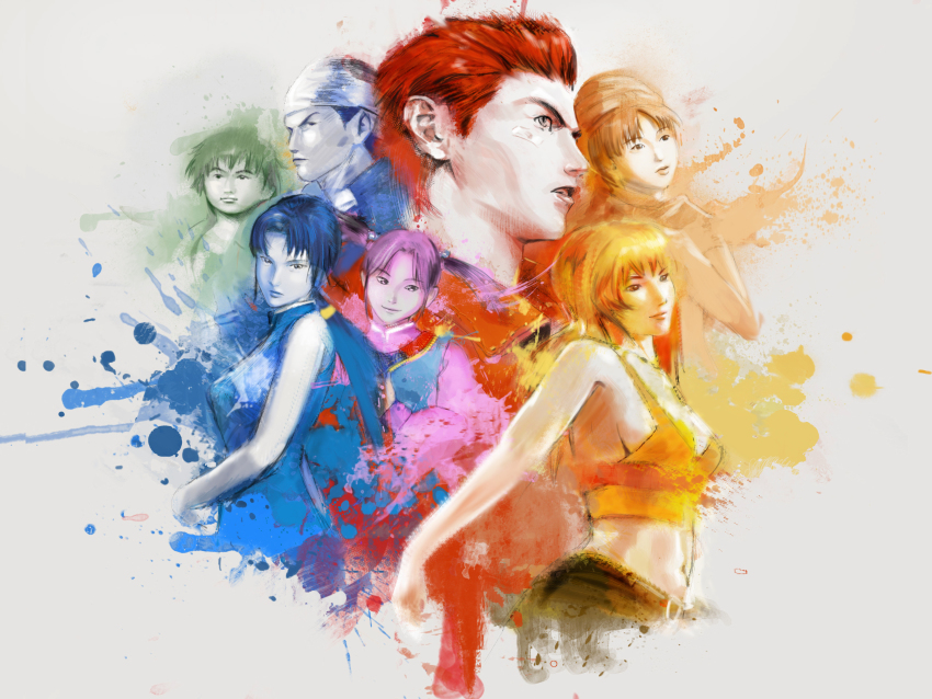 3boys 3girls absurdres arms_behind_back bandaid bandaid_on_face bandana belt black_hair brown_hair chinese_clothes colorful denim hazuki_ryou highres hong_xiu_ying jeans jewelry joy_(shenmue) ling_shen_hua long_hair looking_at_viewer looking_away low-tied_long_hair multiple_boys multiple_girls ni_xian_weng orange_hair orange_shirt pants phoonaru ren_wu_ying sega shenmue shenmue_ii shirt spiked_hair splatter twintails white_bandana xun_fang_mei
