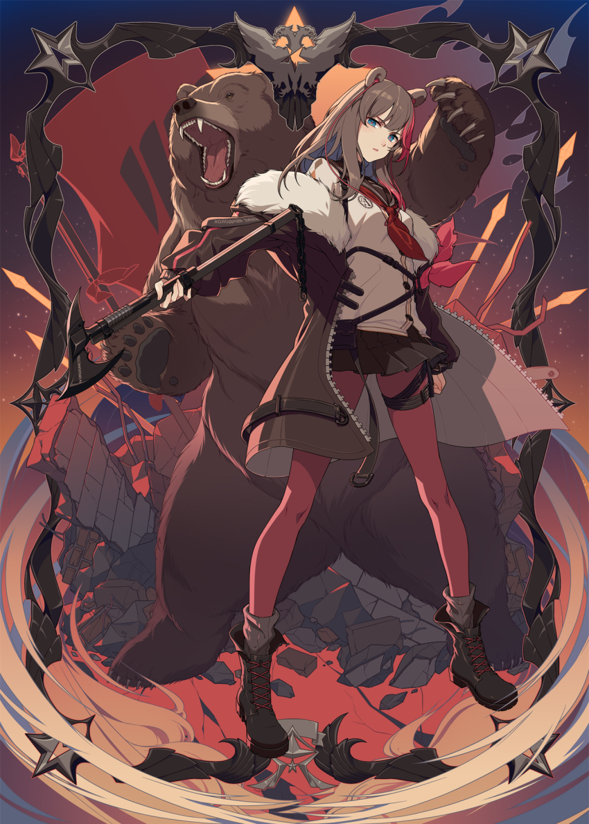 1girl animal_ears arknights armband axe bear bear_ears black_boots black_skirt blue_eyes boots border breasts brown_coat brown_hair cai_mu_you chinese_commentary coat earbuds earphones full_body fur-trimmed_coat fur_trim gradient_background grey_socks hatchet highres holding holding_axe holding_hatchet lace-up_boots looking_at_viewer medium_breasts medium_hair miniskirt multicolored_hair off_shoulder open_clothes open_coat orange_background pantyhose parted_lips pleated_skirt purple_background red_hair red_neckwear red_pupils red_socks ribbed_legwear rubble sailor_collar school_uniform serafuku shirt skirt socks socks_over_pantyhose solo standing strap streaked_hair two-tone_hair unzipped white_shirt zima_(arknights)
