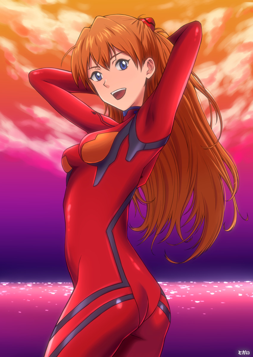 1girl absurdres arms_up ass blue_eyes bodysuit breasts cowboy_shot from_side highres huge_filesize interface_headset_(evangelion) long_hair looking_at_viewer mecha_pilot_suit neon_genesis_evangelion open_mouth orange_hair plugsuit_(evangelion) red_bodysuit simple_background small_breasts smile souryuu_asuka_langley standing teeth tokai upper_teeth_only variant_set very_long_hair white_background