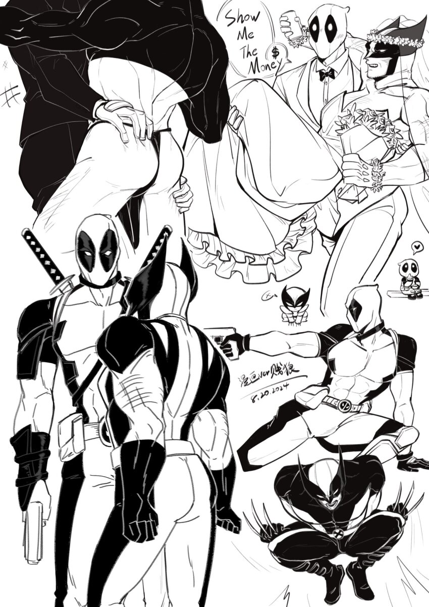 2boys arm_hair ass back belt blush bodysuit bouquet bridal_veil carrying chest_hair chibi claw_(weapon) clenched_hands couple crop_top deadpool deadpool_(series) dress english_text facial_hair fighting_stance flower formal_clothes gloves grabbing_another&#039;s_ass groping gun head_wreath heart height_difference highres holding holding_bouquet holding_gun holding_weapon husband_and_husband jacket large_pectorals leg_hair looking_at_another male_focus marvel mask monochrome multiple_boys multiple_views pants pectorals princess_carry revealing_clothes shirt siyi1996 speech_bubble spoken_heart suit superhero_costume sword sword_on_back teeth veil weapon weapon_on_back wedding_dress wolverine_(x-men) x-men yaoi