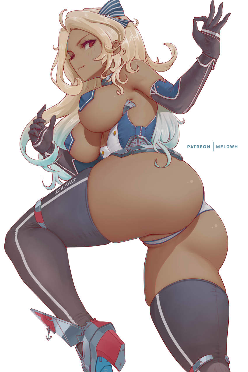 1girl absurdres ass azur_lane black_gloves black_thighhighs blonde_hair blue_hair blue_ribbon breasts brooklyn_(azur_lane) closed_mouth dark-skinned_female dark_skin elbow_gloves gloves gradient_hair hair_ribbon highres large_breasts long_hair looking_at_viewer melowh multicolored_hair red_eyes ribbon simple_background smile solo striped_ribbon thighhighs white_background
