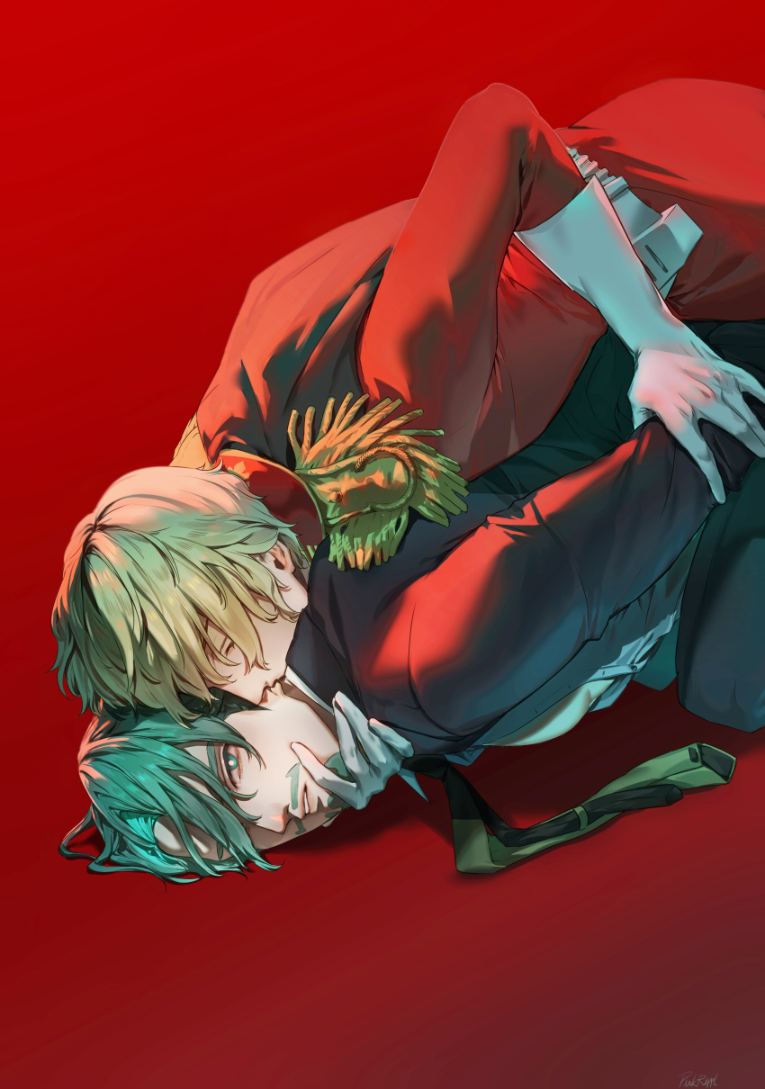 2boys absurdres beard blonde_hair challia_bull char_aznable closed_eyes epaulettes facial_hair gloves green_eyes green_hair gundam gundam_gquuuuuux high_collar highres jacket kissing_ear kneeling long_sleeves male_focus military_jacket military_uniform multiple_boys mustache necktie pnkripl red_background red_jacket short_hair simple_background yaoi