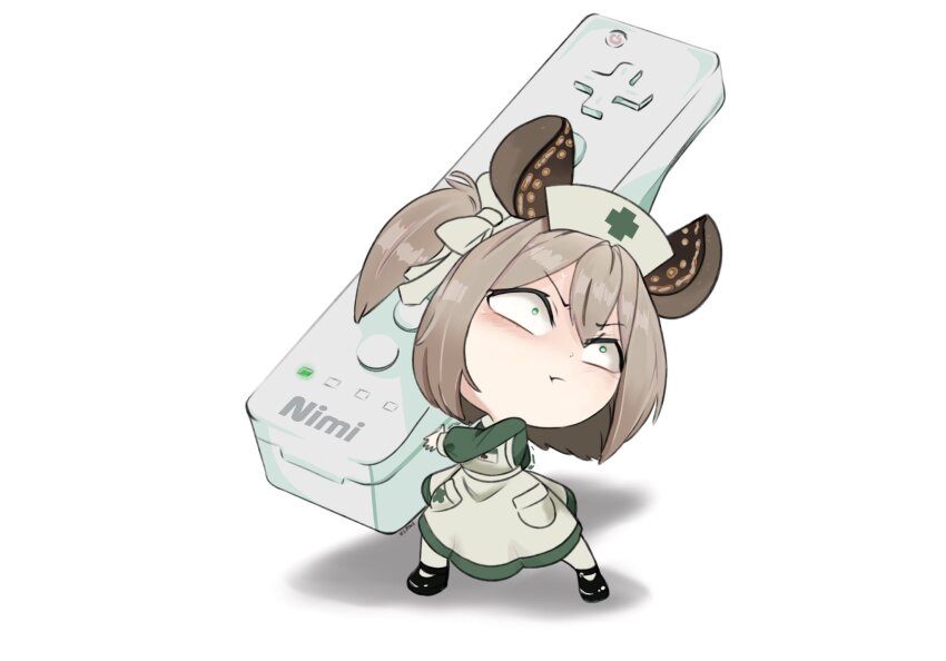 &gt;:( 1girl :t animal_ears apron black_footwear brown_hair carrying chibi closed_mouth constricted_pupils controller dress full_body game_controller green_dress green_eyes hair_between_eyes hair_ribbon hat heavy highres holding holding_controller holding_game_controller indie_virtual_youtuber long_sleeves looking_up medium_hair mini_person minigirl name_tag nimi_nightmare nimi_nightmare_(1st_costume) nurse nurse_cap one_side_up oversized_object puffy_long_sleeves puffy_sleeves ribbon simple_background solo standing struggling tapir_ears tapir_girl thighhighs v-shaped_eyebrows virtual_youtuber waffledog3 white_background white_ribbon wii_remote