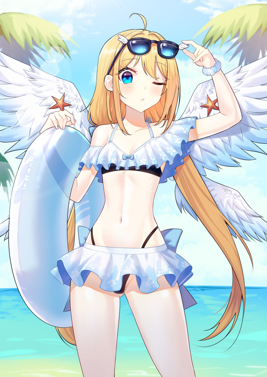 1girl :/ absurdres adjusting_eyewear ahoge angel_wings arm_up bare_shoulders bikini bikini_skirt black_bikini blonde_hair blue_bikini blue_eyes blue_innertube blue_sky breasts closed_mouth cloud collarbone cowboy_shot day eyelashes eyewear_on_head feathered_wings frilled_bikini frilled_sleeves frills gluteal_fold halterneck hand_on_eyewear hand_up highleg highleg_bikini highres holding holding_swim_ring horizon innertube layered_bikini legs_apart lens_flare light_blush long_hair looking_at_viewer low_twintails multiple_wings navel ocean off-shoulder_bikini off_shoulder one_eye_closed original outdoors palm_tree pellas_(panix2383) pleated_skirt scrunchie skirt sky small_breasts solo standing sunglasses swim_ring swimsuit tree twintails very_long_hair white_bikini white_wings wings wrist_scrunchie