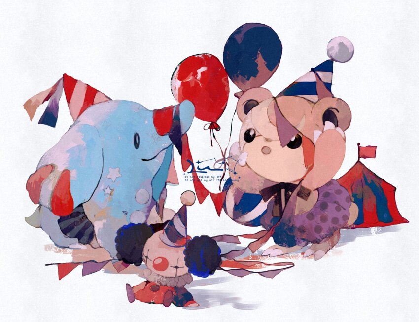 balloon circus closed_mouth clothed_pokemon clown commentary game_freak gen_2_pokemon hat highres holding holding_balloon li04r looking_at_another nintendo party_hat phanpy pokemon pokemon_(creature) simple_background smile standing teddiursa tent watermark white_background