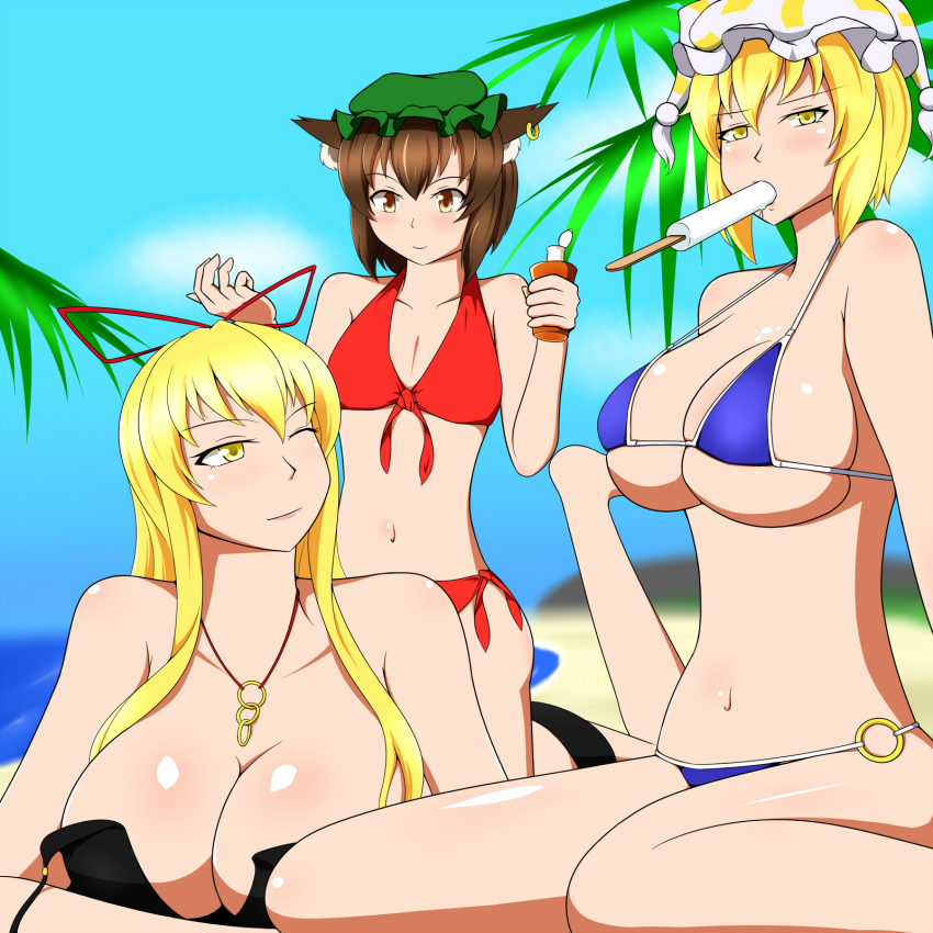 3girls animal_ears beach bikini black_bikini blonde_hair blue_bikini blue_sky blush bottle breasts brown_hair cat_ears chen cloud collarbone day dripping food green_hat hair_ribbon hand_up hat highres lactone large_breasts leg_up lips long_hair looking_at_another looking_at_viewer looking_back looking_down lotion_bottle lying mouth_hold multiple_girls no_tail o-ring o-ring_bottom ocean on_stomach one_eye_closed untied_bikini open_clothes outdoors popsicle red_bikini ribbon sexually_suggestive shiny_skin short_hair sideboob skindentation sky small_breasts smile summer swimsuit thighs touhou tree underboob very_long_hair yakumo_ran yakumo_yukari yellow_eyes