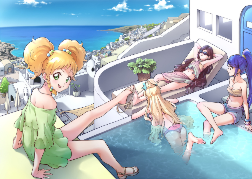 4girls :p afloat aikatsu!_(series) aikatsu_stars! arm_pillow arm_support armpits arms_at_sides arms_behind_head ass barefoot bikini bikini_shorts blonde_hair blue_hair blue_sky blush bow bracelet braid breasts brown_hair city cityscape cloud day earrings foot_dangle greece green_eyes hair_bobbles hair_bow hair_ornament halterneck highres horizon jewelry kasumi_yozora kisaragi_tsubasa long_hair looking_at_viewer looking_away lying medium_breasts multicolored_hair multiple_girls necklace nikaido_yuzu ocean ogry_ching on_back outdoors outstretched_leg partially_submerged plant plantar_flexion ponytail pool potted_plant purple_hair reclining sandals santorini_(greece) scenery shiratori_hime shoe_dangle shorts side_braid single_braid sitting sky small_breasts smile soaking_feet soles strapless strapless_bikini summer sunbathing sunglasses swimsuit tongue tongue_out topknot twintails very_long_hair water wavy_hair yellow_eyes