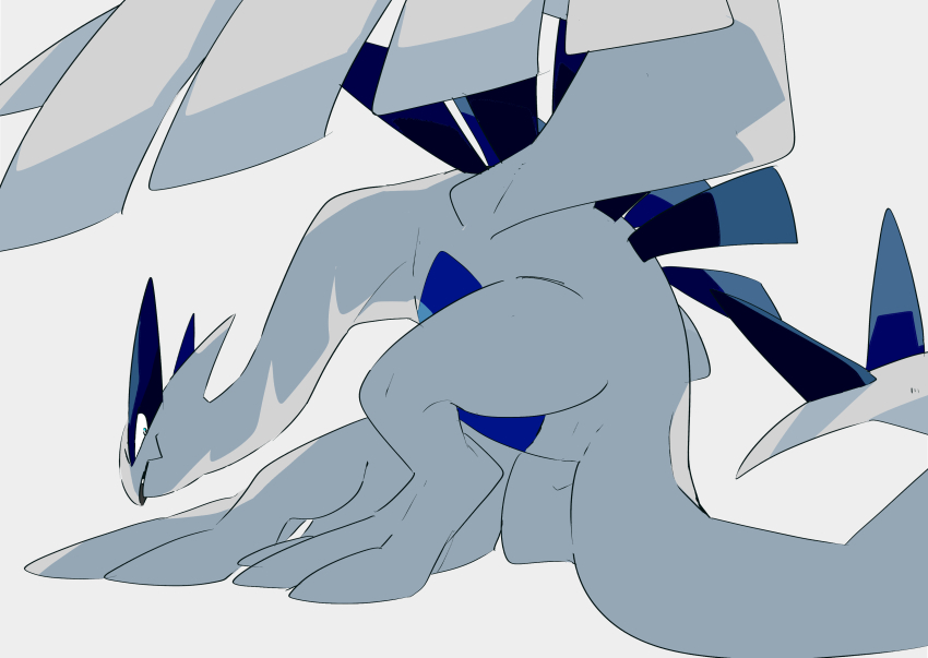 45_(maruyaki45) absurdres blue_eyes fang from_side full_body gen_2_pokemon highres legendary_pokemon looking_at_viewer lugia nintendo no_humans pokemon pokemon_(creature) pokemon_focus simple_background skin_fang solo tail white_background