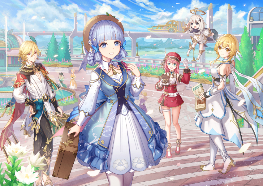 1boy 4girls absurdres anbe_yoshirou asymmetrical_sidelocks ayaka_(genshin_impact) belt black_scarf blonde_hair blue_butterfly blue_eyes blue_hair braid braided_hair_rings bridal_gauntlets briefcase brown_headwear bug bus butterfly cabbie_hat camera cape charlotte_(genshin_impact) cloud collar detached_sleeves dress earrings falling_petals feather_hair_ornament feathers floating flower fountain genshin_impact gloves gold_necklace gold_trim hair_flower hair_ornament hair_rings halo hat hat_flower high_heels highres holding holding_camera holding_newspaper holding_suitcase insect jewelry kamisato_ayaka kamisato_ayaka_(springbloom_missive) kaveh_(genshin_impact) light_blue_hair long_sleeves looking_at_viewer lumine_(genshin_impact) mandarin_collar mechanical_halo mehrak_(genshin_impact) monocle motor_vehicle multicolored_dress multiple_girls neck_tassel necklace newspaper official_alternate_costume official_alternate_hairstyle open_mouth outdoors paimon_(genshin_impact) pantyhose petals puffy_detached_sleeves puffy_long_sleeves puffy_sleeves red_cape red_headwear red_sleeves scarf short_hair_with_long_locks single_thighhigh sky smile standing suitcase suspenders thigh_strap thighhighs tree water white_belt white_collar white_dress white_flower white_gloves white_hair white_pantyhose yellow_eyes