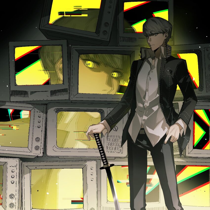 1boy black_jacket black_pants dark_background dual_persona glitch grey_eyes grey_hair hashtag-only_commentary highres jacket lluyss long_sleeves looking_at_viewer male_focus narukami_yu pants persona persona_4 school_uniform shadow_(persona) shadow_yu shirt short_hair static sword television weapon white_shirt yasogami_school_uniform yellow_background yellow_eyes