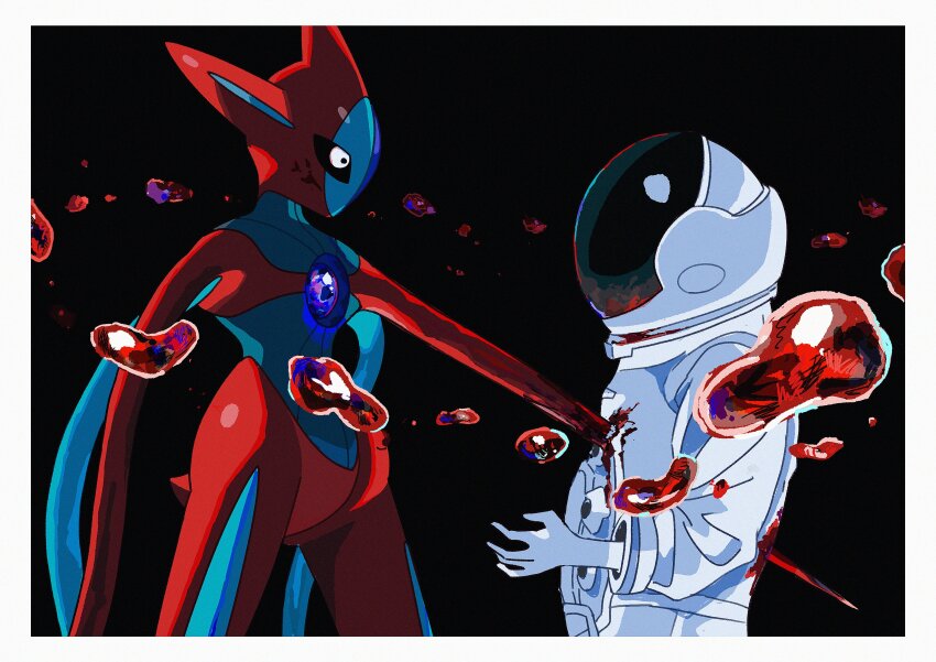 absurdres alien astronaut black_background blood death deoxys deoxys_(attack) expressionless gen_3_pokemon helmet highres injury looking_at_another mythical_pokemon nintendo no_mouth pokemon pokemon_(creature) saiku_(zvlku) tentacles violence