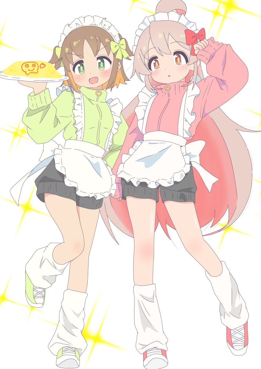2girls :d absurdres ahoge alternate_costume apron black_shorts blush bow brown_hair colored_inner_hair commentary frilled_apron frills full_body green_bow green_eyes green_jacket grey_hair hair_bow hand_on_own_hip hand_up highres jacket jersey_maid long_hair long_sleeves looking_at_viewer loose_socks maid maid_apron maid_headdress multicolored_hair multiple_girls oka_asahi onii-chan_wa_oshimai! open_mouth orange_hair oyama_mahiro pink_hair pink_jacket plate red_bow short_hair short_shorts shorts simple_background sleeves_past_wrists smile socks sparkle_background standing standing_on_one_leg track_jacket turtleneck turtleneck_jacket two-tone_hair two_side_up unconventional_maid very_long_hair waist_apron wall228090611 white_apron white_background
