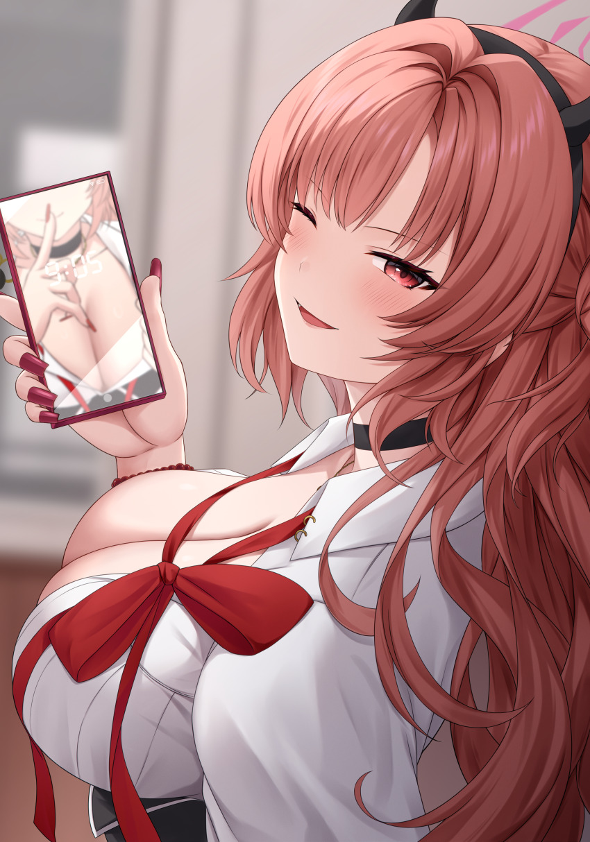 1girl absurdres black_choker black_hairband black_horns black_skirt blue_archive blurry blurry_background blush breasts cellphone chien_zero choker cleavage collarbone collared_shirt commentary fake_horns fang finger_to_mouth fingernails hair_intakes hairband halo highres holding holding_phone horns huge_breasts index_finger_raised kirara_(blue_archive) long_fingernails long_hair looking_at_viewer nail_polish neck_ribbon one_eye_closed open_mouth phone pink_eyes pink_hair pink_halo pink_nails red_ribbon ribbon selfie shirt shushing skirt smartphone smile solo undone_neck_ribbon white_shirt wrist_bobbles wristband