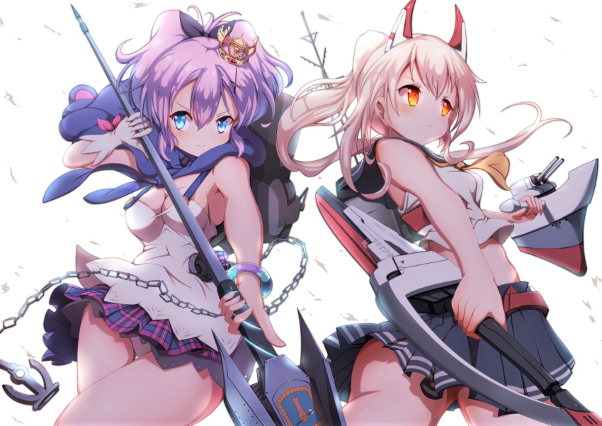 2girls animal_ears ayanami_(azur_lane) azur_lane bare_shoulders blonde_hair blush breasts crown dai_toro gloves hair_between_eyes hair_ornament hair_ribbon headgear high_ponytail highres javelin_(azur_lane) long_hair looking_at_viewer mini_crown multiple_girls orange_eyes pleated_skirt ponytail purple_hair ribbon sailor_collar school_uniform ship_turret sidelocks simple_background skirt smile weapon white_background
