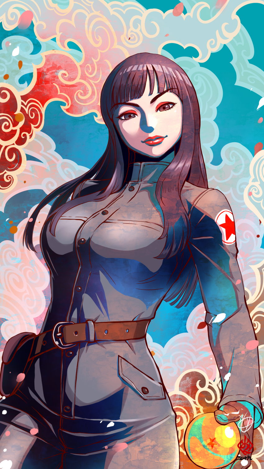 1girl absurdres belt belt_pouch black_eyes black_gloves black_hair blunt_bangs breasts brown_belt cowboy_shot dragon_ball dragon_ball_(classic) dragon_ball_(object) eyeshadow gloves highres jacket kanchiyo long_hair looking_at_viewer mai_(dragon_ball) makeup medium_breasts military_jacket multicolored_background pouch red_eyeshadow red_lips red_star signature solo star_(symbol)
