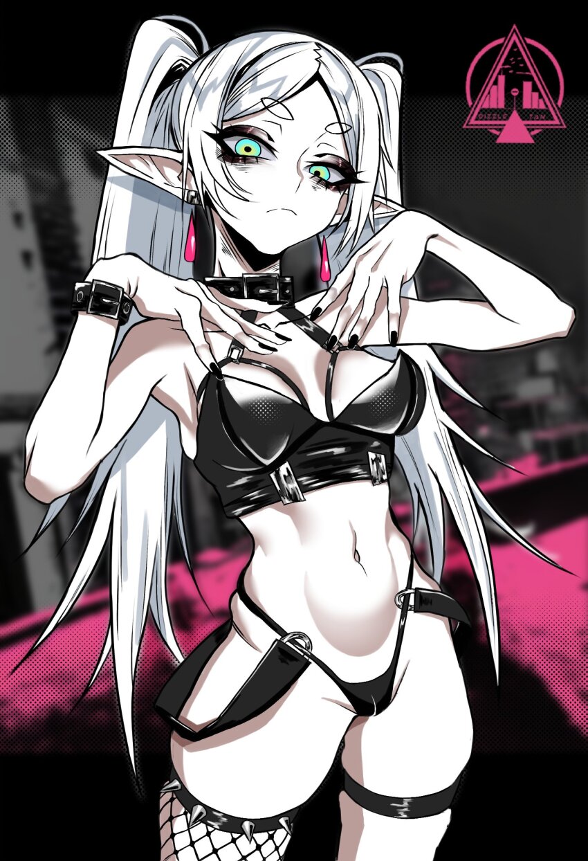 1girl alternate_costume artist_logo black_collar black_eyeliner black_nails black_panties buckle cameltoe collar commentary cowboy_shot crop_top dizzle earrings elf english_commentary eyeliner frieren goth_fashion green_eyes hands_up highleg highleg_panties highres jewelry logo long_hair looking_at_viewer makeup navel panties pointy_ears short_eyebrows single_thighhigh solo sousou_no_frieren spiked_thighhighs spikes stomach suspenders thick_eyebrows thigh_strap thighhighs twintails underwear very_long_hair white_hair wristband