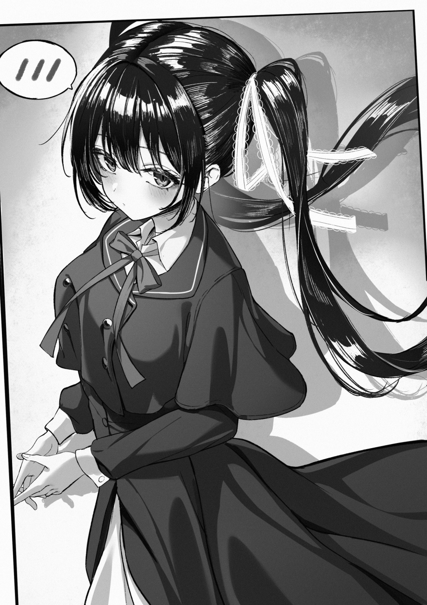 1girl absurdres blush breasts buttons capelet closed_mouth coat collared_shirt double-parted_bangs dress drop_shadow eyelashes floating_hair greyscale hair_ribbon highres honma_misuzu lapels large_breasts long_hair long_sleeves looking_at_viewer monochrome natsugou_shinogi neck_ribbon own_hands_together ribbon sakura_no_toki sakura_no_uta school_uniform shirt shy sleeve_cuffs solo spoken_blush standing straight_hair twintails