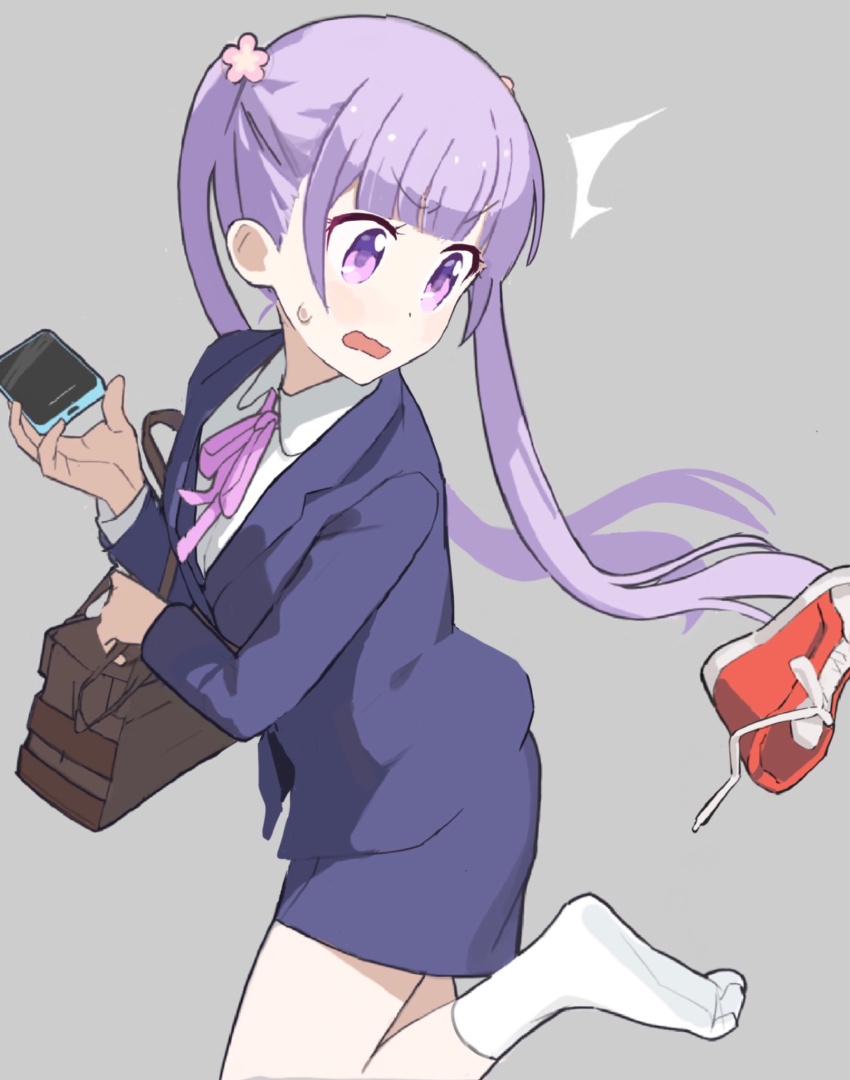 1girl blush cellphone commentary flower grey_background hair_flower hair_ornament highres holding holding_phone jacket leg_up long_hair long_sleeves neck_ribbon new_game! open_mouth pencil_skirt phone pink_flower pink_ribbon purple_eyes purple_hair purple_jacket purple_skirt red_shoes ribbon shirt shoes simple_background skirt smartphone socks solo suisei_lens suzukaze_aoba sweat twintails unworn_shoes white_shirt white_socks