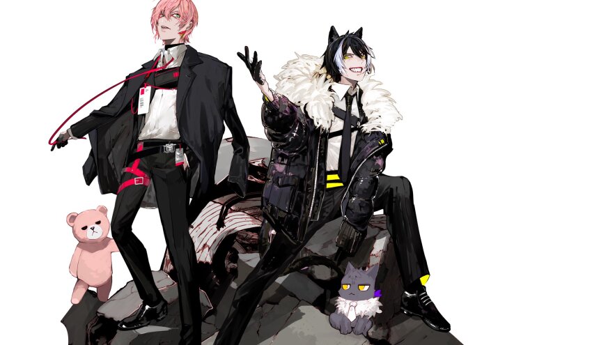 2boys alternate_costume animal_ears belt black_belt black_choker black_coat black_footwear black_gloves black_hair black_jacket black_necktie black_pants cat chest_harness choker coat coat_on_shoulders collared_shirt down_jacket earrings foot_out_of_frame fur-trimmed_jacket fur_trim gloves green_eyes grin hair_between_eyes half_gloves hand_in_pocket hand_up harness highres holding holding_ribbon holostars id_card jackal_boy jackal_ears jackal_tail jacket jewelry kageyama_shien male_focus multicolored_hair multiple_boys neck_ribbon necktie nekoyama_shien official_art open_clothes open_collar open_jacket oxfords pants parted_lips pink_hair pink_ribbon ribbon rikka_(holostars) rubble sharp_teeth shirt short_hair simple_background single_earring smile spanner_(holostars) standing stuffed_animal stuffed_toy tail teddy_bear teeth thigh_strap two-tone_hair undone_neck_ribbon unrefle virtual_youtuber white_background white_hair white_shirt yellow_eyes