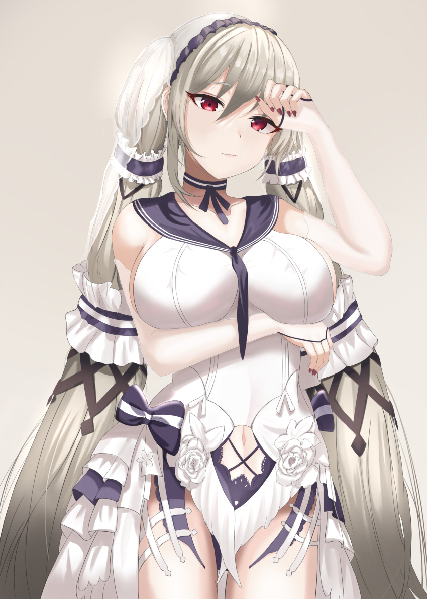 1girl absurdres azur_lane breasts closed_mouth collarbone dress elbow_gloves feet_out_of_frame formidable_(azur_lane) formidable_(timeless_classics)_(azur_lane) gloves hair_ribbon hand_on_forehead highres large_breasts long_hair looking_at_viewer nail_polish navel official_alternate_costume partially_fingerless_gloves platinum_blonde_hair raurashun red_eyes red_nails ribbon simple_background solo standing twintails very_long_hair white_dress