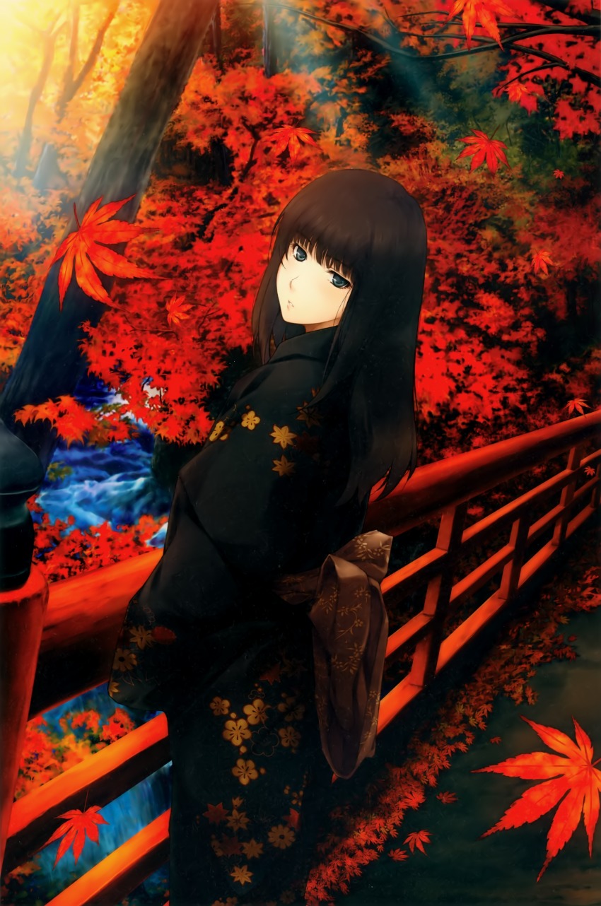 1girl absurdres black_hair bridge cowboy_shot female_focus floral_print grey_eyes highres japanese_clothes kara_no_shoujo kimono kuchiki_touko leaf long_hair looking_at_viewer obi sash solo standing sugina_miki tree water yukata