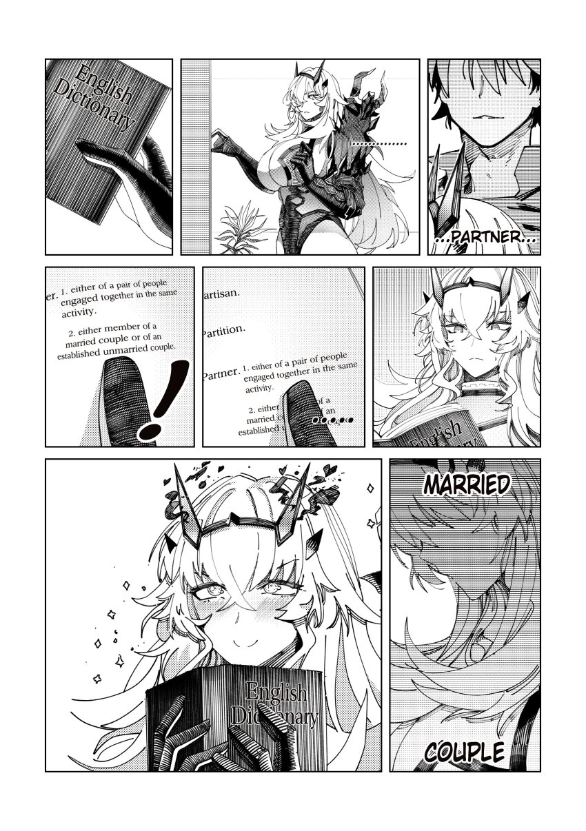! absurdres barghest_(fate) black_gloves blush book english_text fate/grand_order fate_(series) fujimaru_ritsuka_(male) gloves greyscale highres holding holding_book horns long_hair monochrome obazzotto reading solo_focus sweat very_long_hair